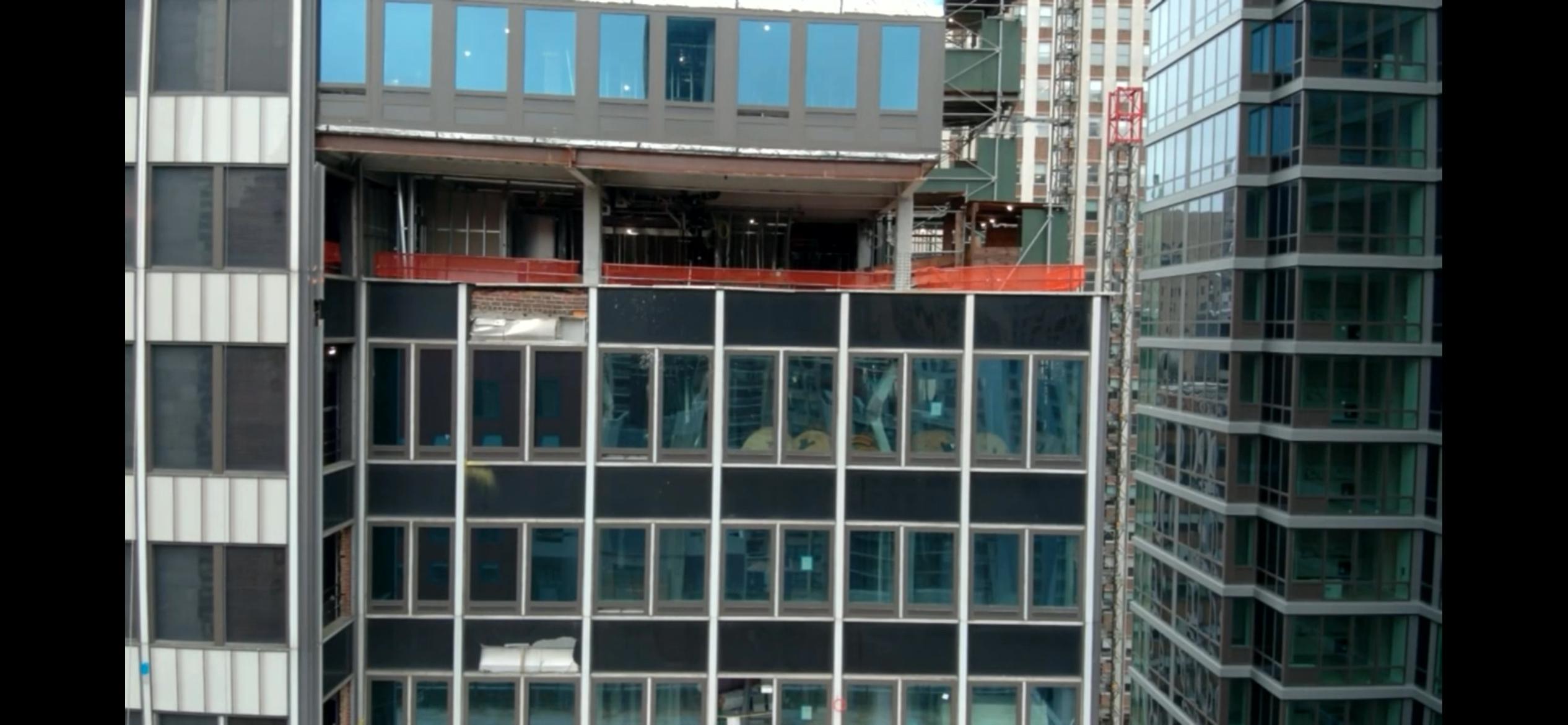 FDNY drone images show damage inside the Midtown construction site where officials say structural columns buckled, prompting evacuations and fears of a localized collapse.