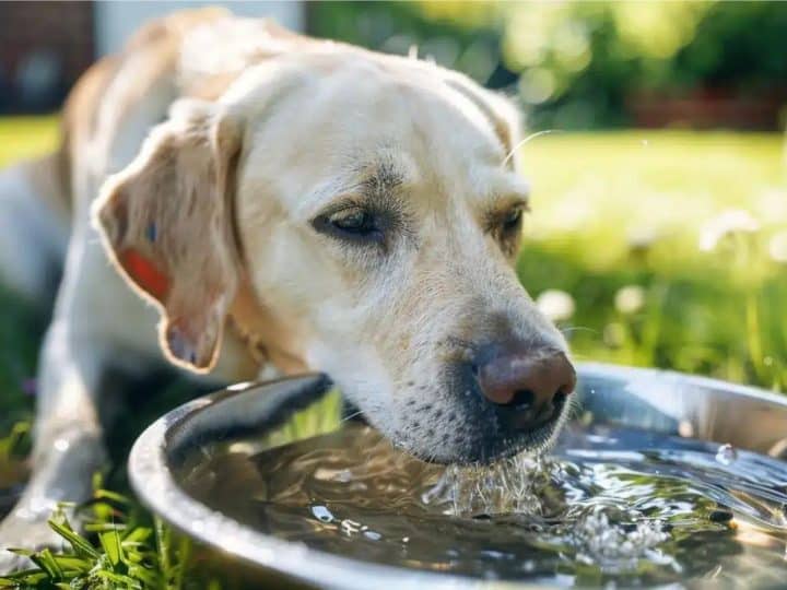 A dog drinks from a water bowl