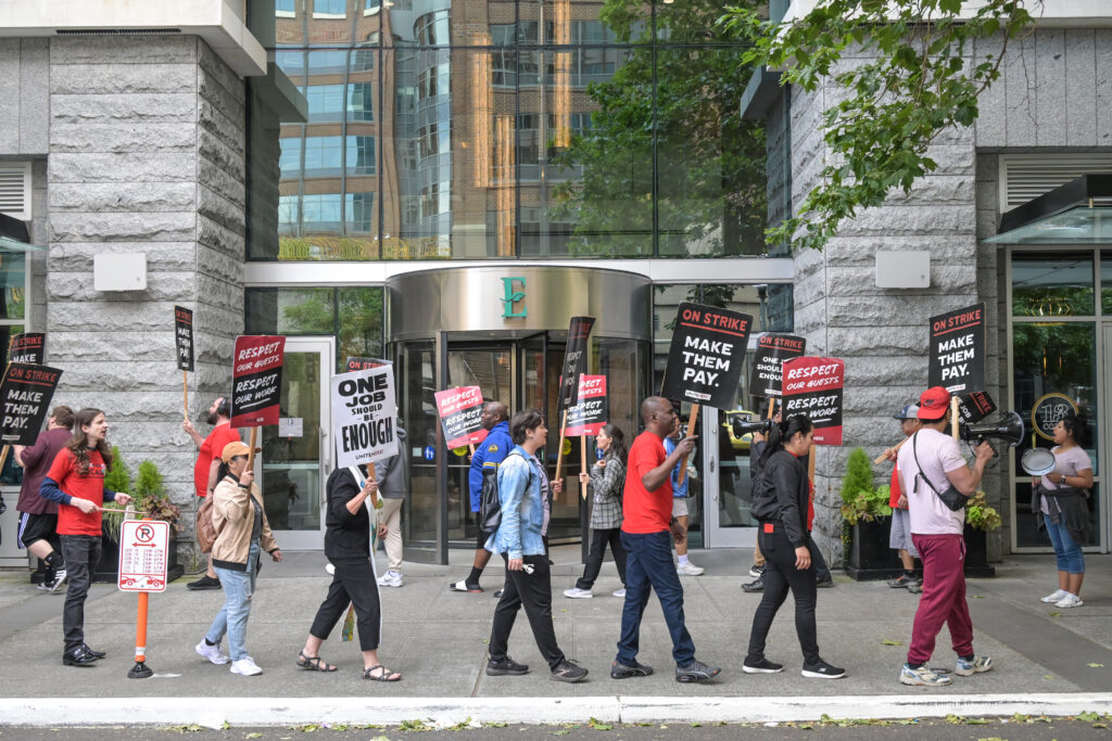 Workers at Hilton's Embassy Suites in Seattle's Pioneer Square neighborhood have been on strike since June 18. (Photo courtesy of UNITE HERE Local 8)