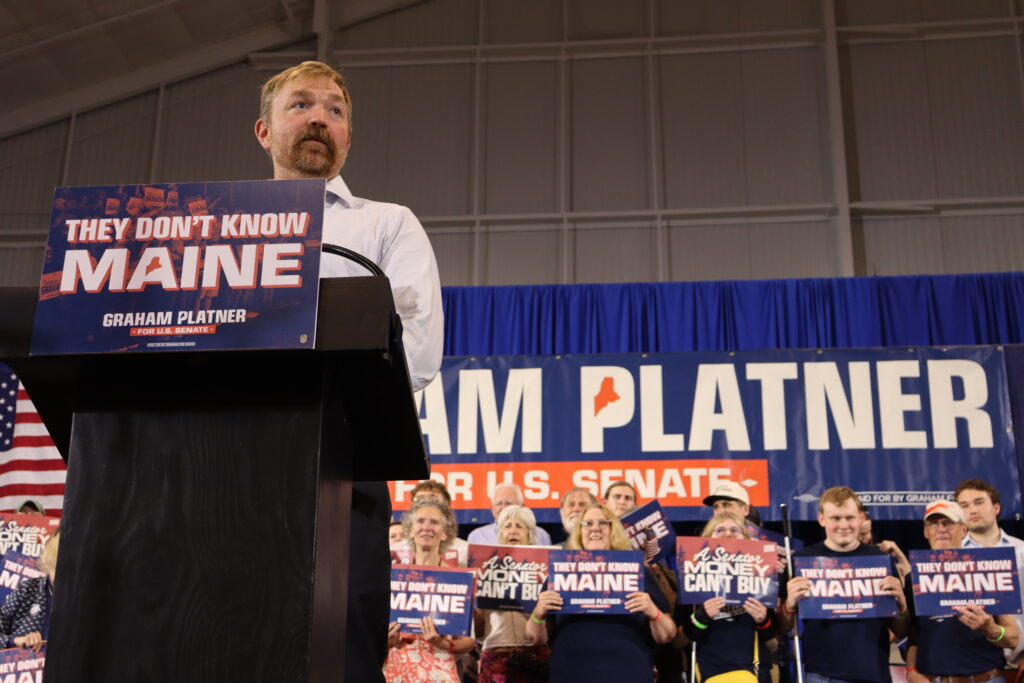 U.S. Senate candidate Graham Platner claims victory in the Democratic primary during a watch party in Blue Hill on June 9, 2026. (By Emma Davis/ Maine Morning Star)