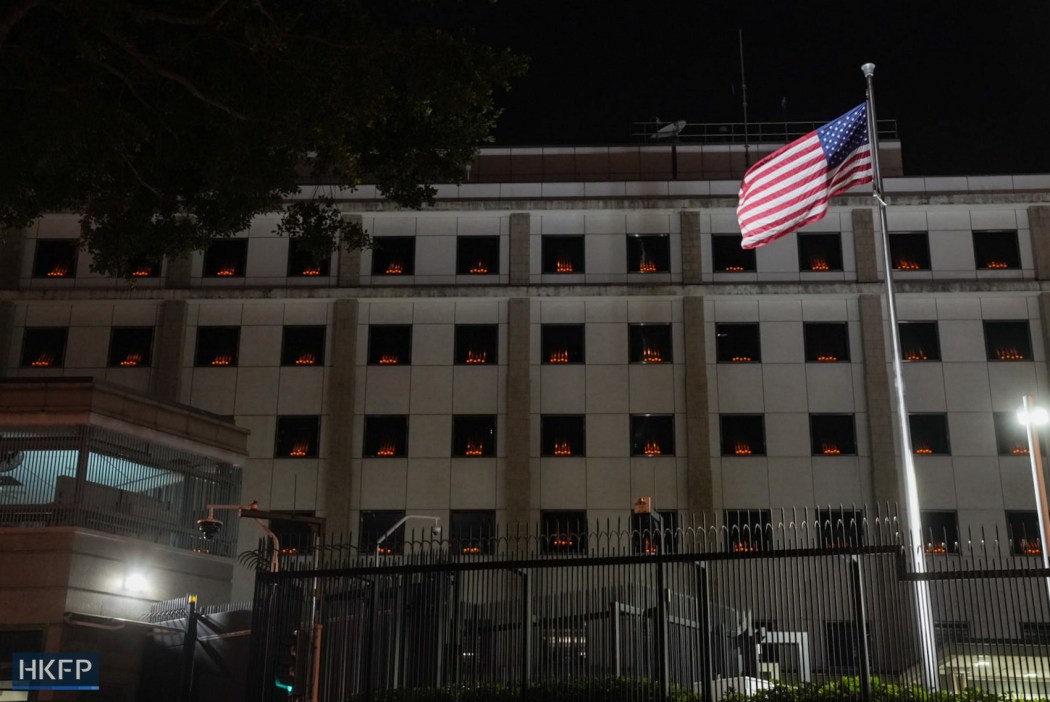 Candles in the windows of the US Consulate General in Hong Kong on June 4, 2026, the 37th anniversary of the 1989 Tiananmen crackdown.