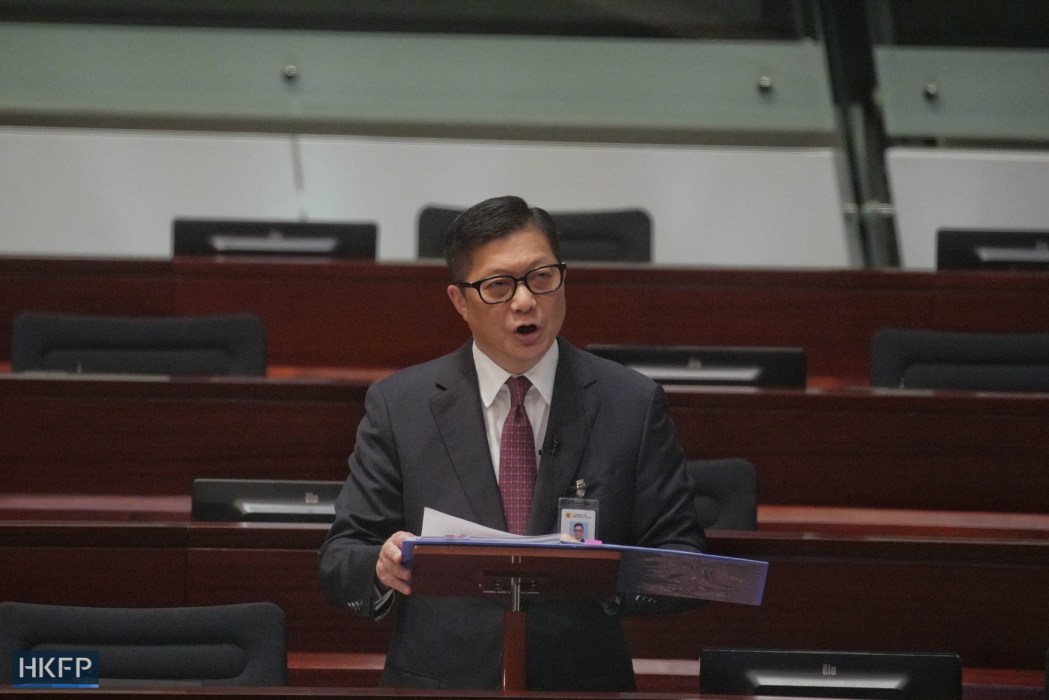 Secretary for Security Chris Tang speaks at a special, off-schedule meeting for the first and second reading of Article 23 of the Basic Law on March 8, 2024.
