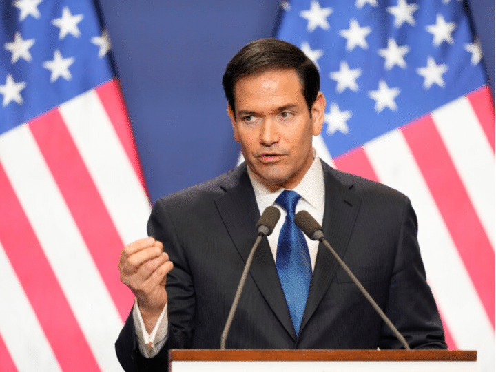 US Secretary of State Marco Rubio speaks during a joint news conference with Hungary's Prime Minister Viktor Orban in Budapest, Hungary, Monday 16 February 2026