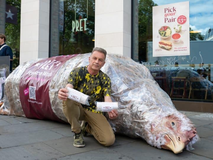 Chris Packham with a 'Frankenwrap' prop outside a branch of Pret A Manger