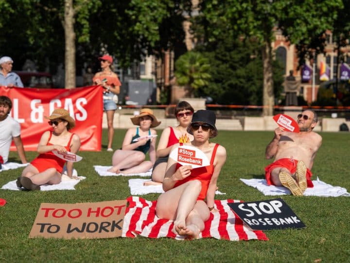 'Sunbathers' protest Rosebank oil field as heatwave hits London