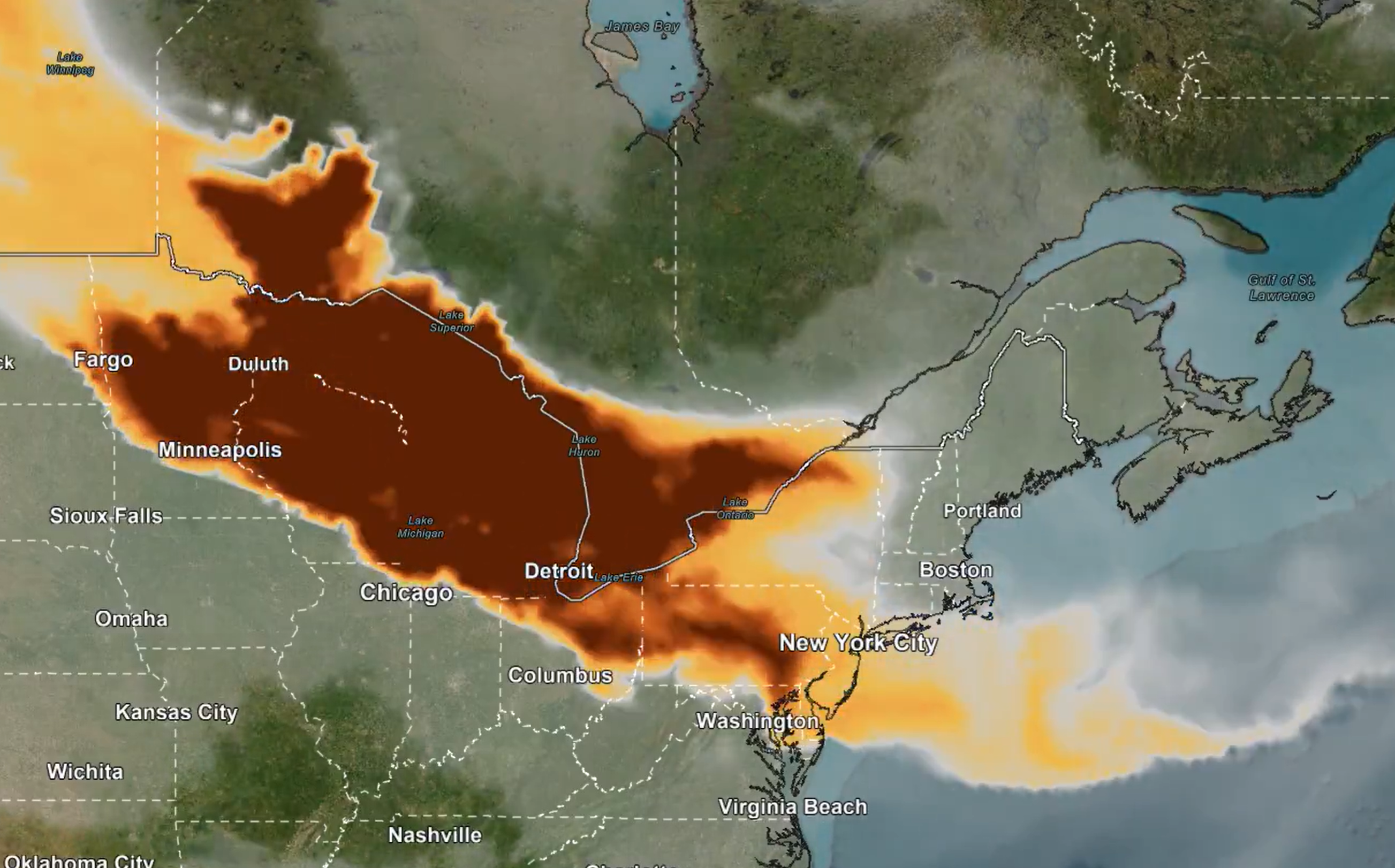 Smoke from wildfires in Ontario stretches across the Great Lakes into the Northeast.