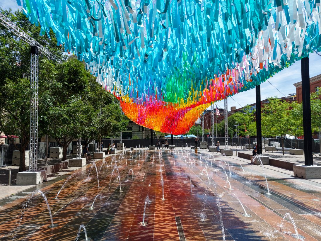 A colorful aerial art installation