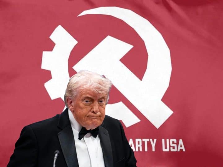 Composite image with Trump in front of a Communist Party USA flag