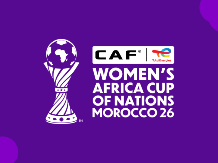 The CAF WAFCON logo of a footbal trophy with the name of the tournament alongside it