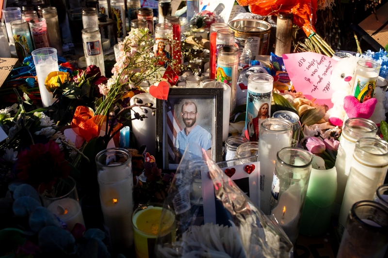 A growing memorial stood on Jan. 28, 2026 where Alex Pretti, 37, was shot and killed by Border Patrol agents days before at Nicollet Avenue and 26th Street in Minneapolis, Minnesota. (Photo by Nicole Neri/Minnesota Reformer)