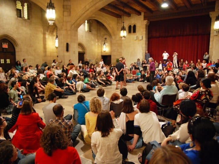 Brazilian theater director and writer Augusto Boal presenting his Theatre of the Oppressed at Riverside Church in New York City. Source: Wikimedia.