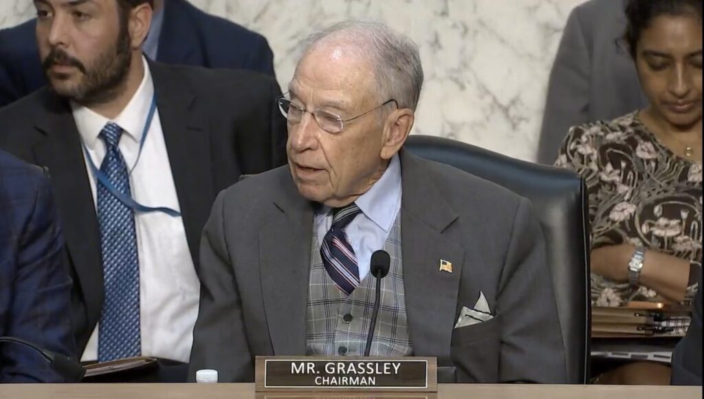 Sen. Chuck Grassley, R-Iowa, at a Senate Judiciary Committee meeting on Thursday, July 23, 2026 criticized committee Democrats opposed to the nomination of Todd Blanche as attorney general. (Screenshot from committee webcast)