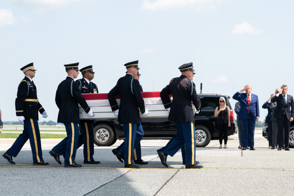 Soldiers at Dover Air Force Base in Delaware on July 22, 2026, carry Army 1st Lt. Tyler James Feehan, who died July 18, 2026, from injuries suffered during an enemy attack on July 17, 2026, at Muwaffaq Salti Air Base, Jordan. (Photo by Jason Minto/U.S. Air Force)