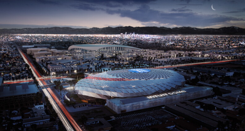 A rendering shows a gleaming multi-faceted roof shaped in an oval. Lighted letters on an adjacent rectangular building read: Intuit Dome