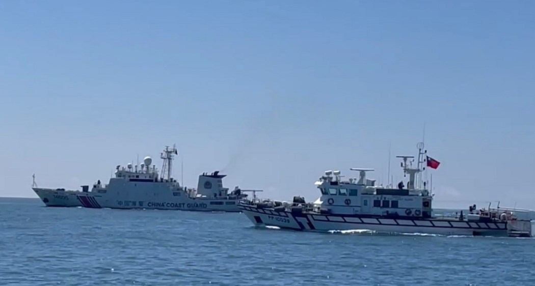 A Taiwan Coast Guard patrol vessel (right) sails near a China Coast Guard ship in waters south of Kinmen, Taiwan, on July 8, 2026. Photo: Taiwan's Coast Guard Administration.