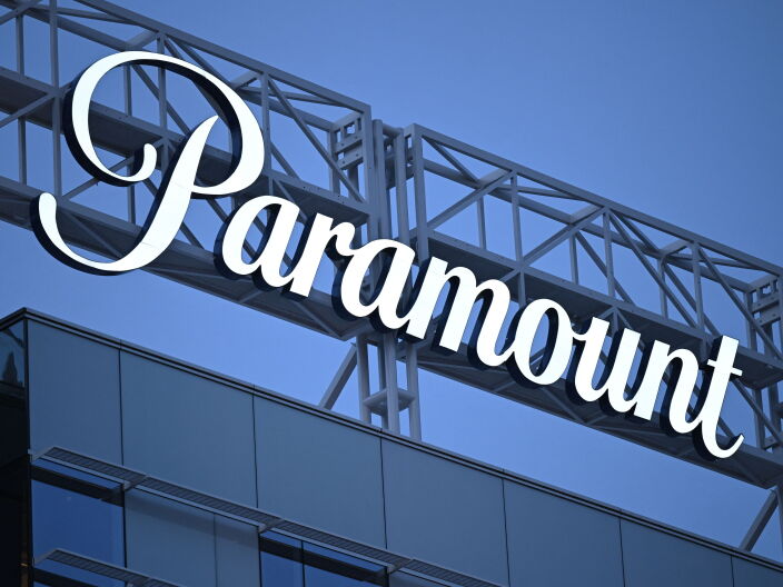 The Paramount logo is displayed at Columbia Square along Sunset Boulevard in Hollywood, Calif. on March 9, 2023.