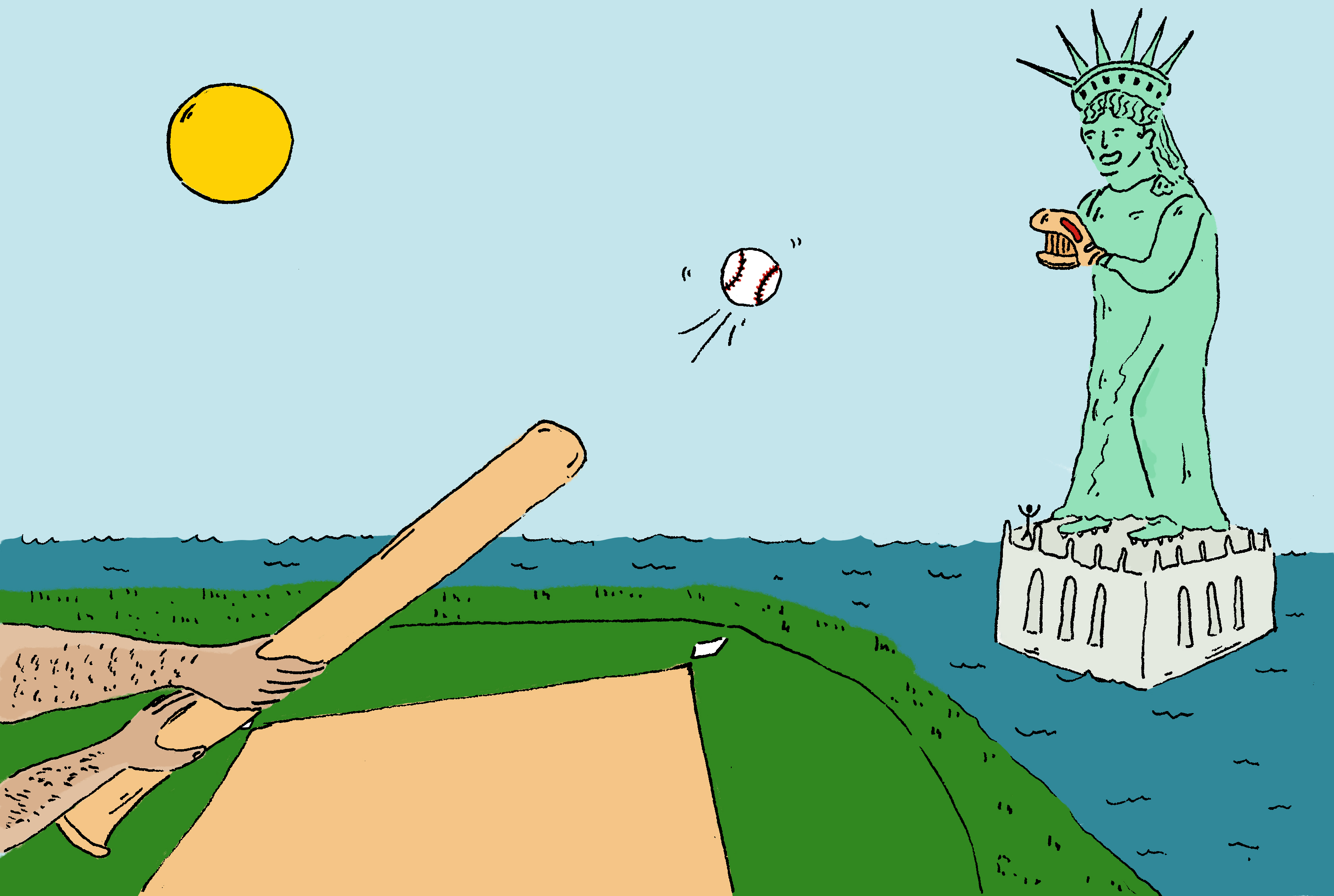 An illustration of someone hitting a baseball to the Statue of Liberty.