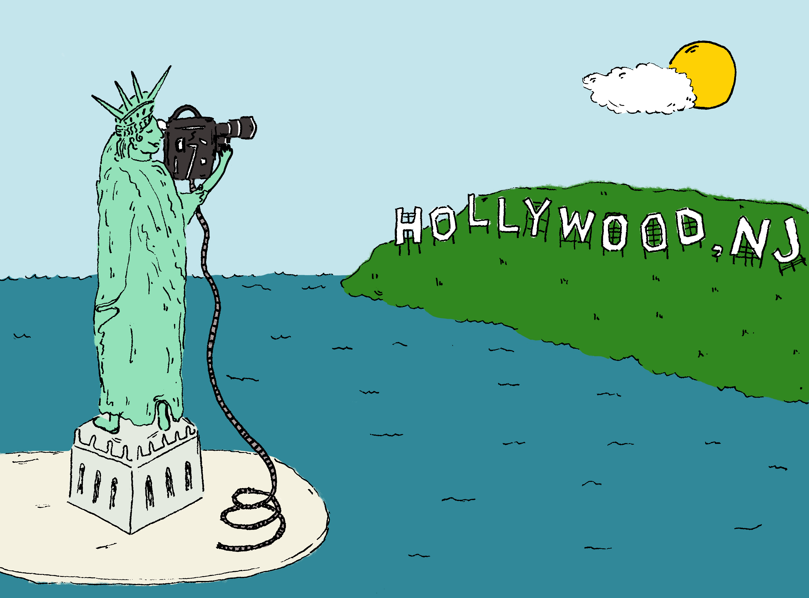 An illustration of the Statue of Liberty filming the shore