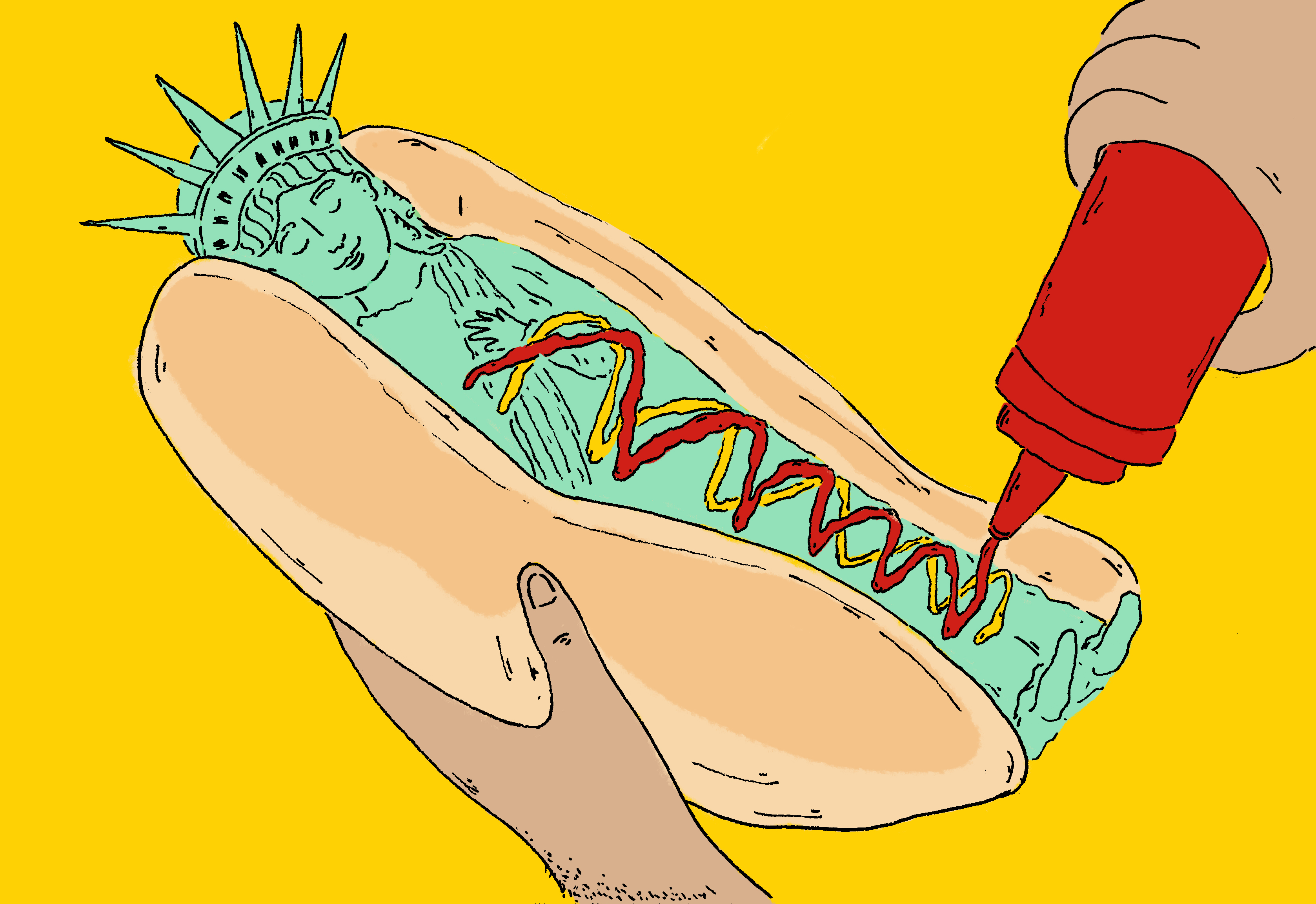 A drawing of the Statue of Liberty inside a hot dog bun