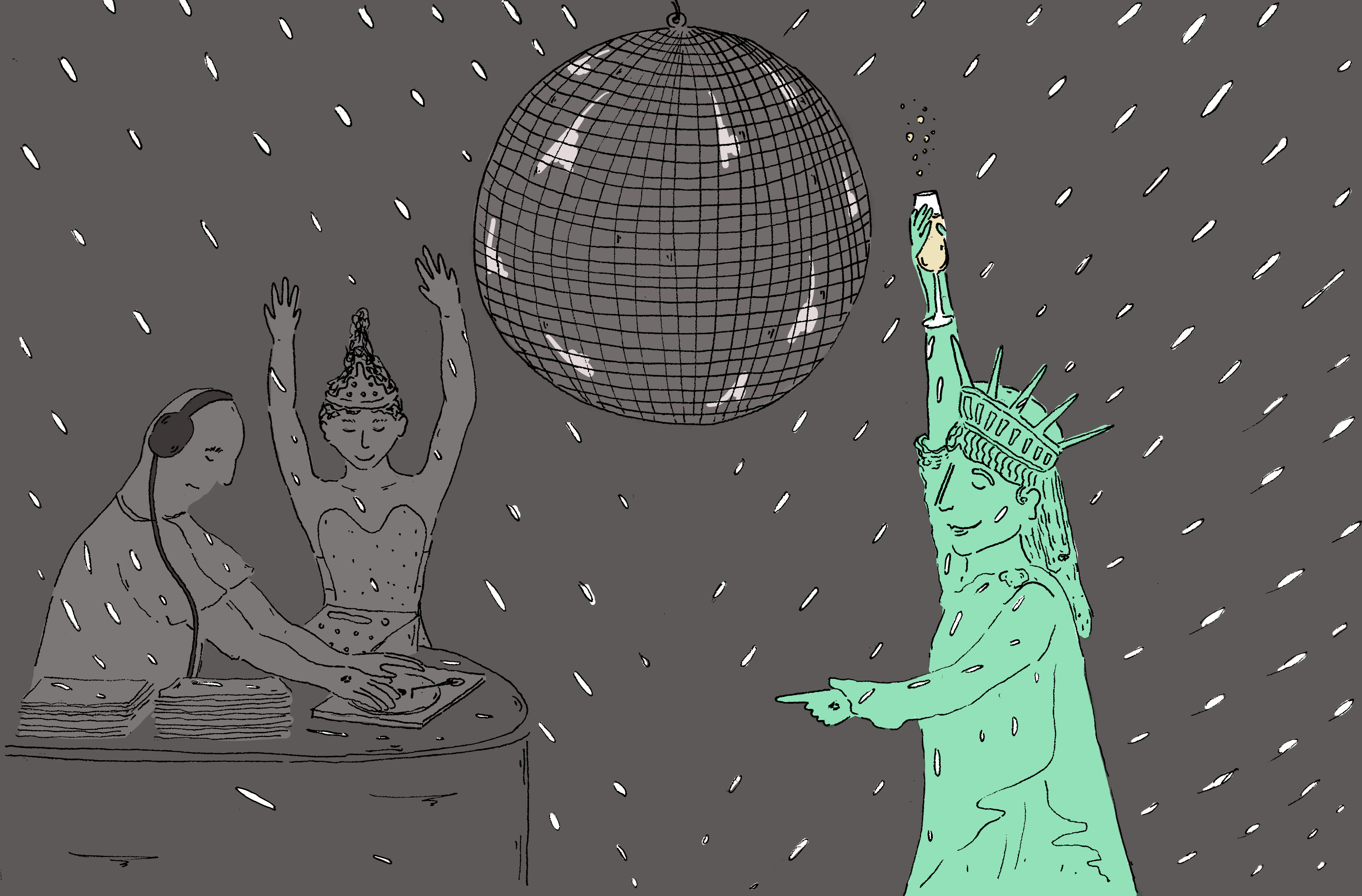 An illustration of the Statue of Liberty at a night club dancing under a disco ball