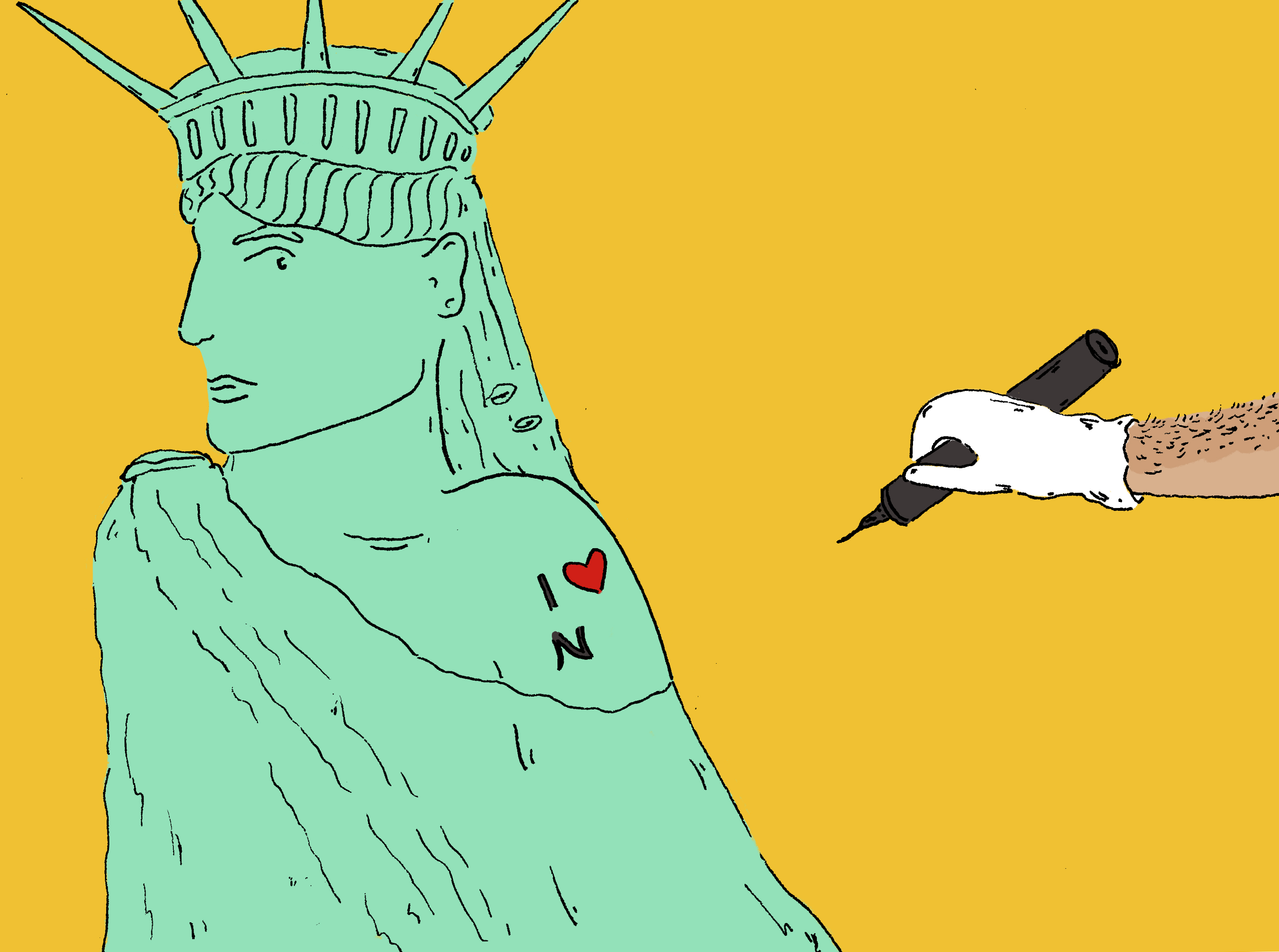 An illustration of the Statue of Liberty receiving a tattoo