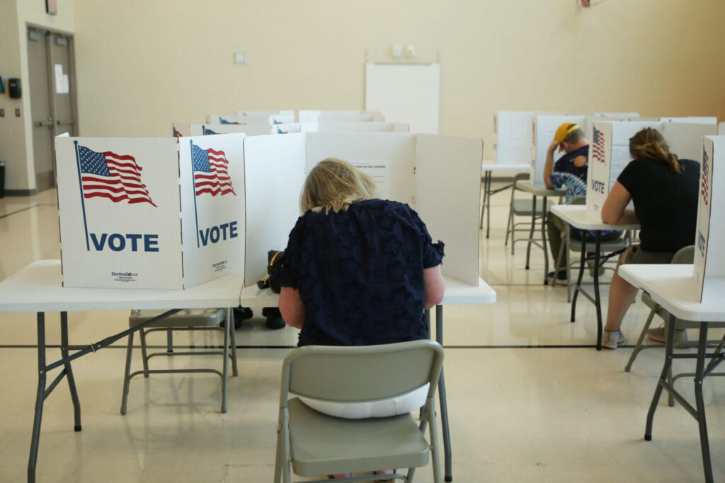 Voters fill out their ballots at a Sioux Falls, South Dakota, polling place during the South Dakota primary election on June 2, 2026. (Photo by Makenzie Huber/South Dakota Searchlight)