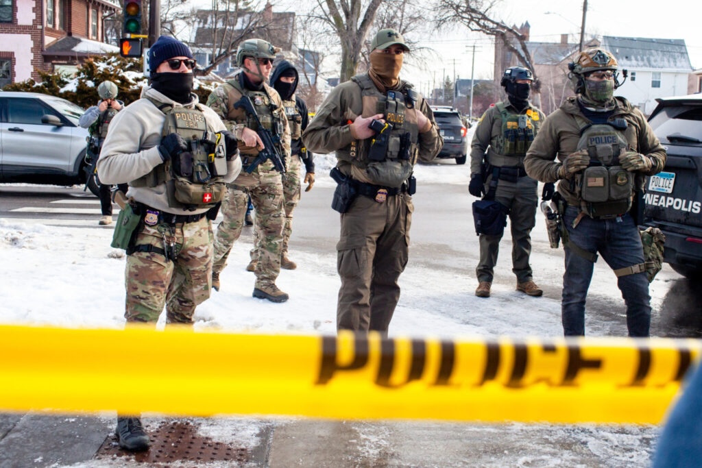 Federal agents on patrol in Minneapolis, Minnesota in January. (Photo by Nicole Neri/Minnesota Reformer)
