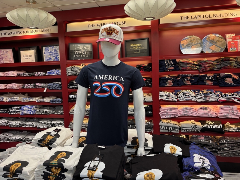 America250 t-shirts and other merchandise for sale at Ronald Reagan Washington National Airport in Arlington, Virginia, on June 5, 2026. (Photo by Jane Norman/States Newsroom)