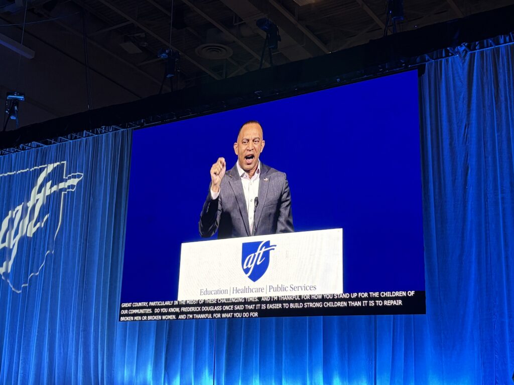 U.S. House Democratic Leader Hakeem Jeffries speaks at the American Federation of Teachers national convention in Washington, D.C., on July 16, 2026. (Photo by Amelia Twyman/States Newsroom)