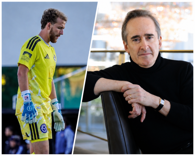 A split screen shows a young light skinned man on the left hand side wearing a bright yellow soccer player's kit; on the right hand side an older light skinned man is wearing a black polo neck sweater.