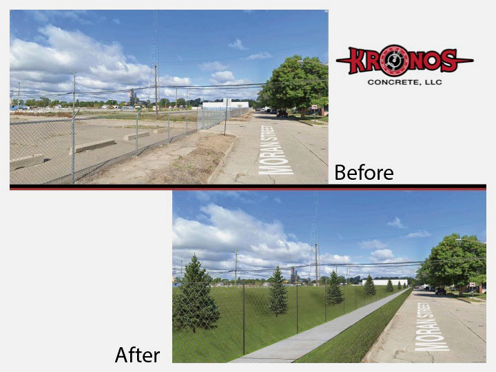 A page from a document that says βKronos Concrete, LLCβ and has two images, labeled βbeforeβ and βafter.β The before image is a vacant lot that in the after image is instead a grassy, tree-lined hillside.