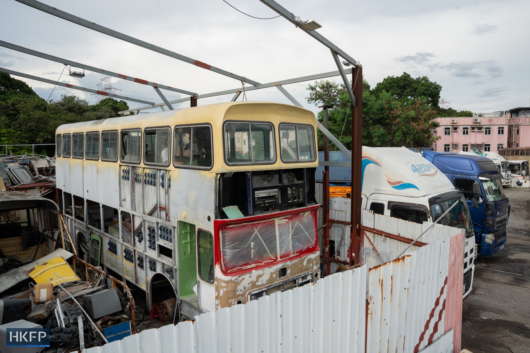 A Leyland Victory Mark II double-decker bus currently undergoing restoration in Hong Kong on June 29, 2026. Photo: Kyle Lam/HKFP.