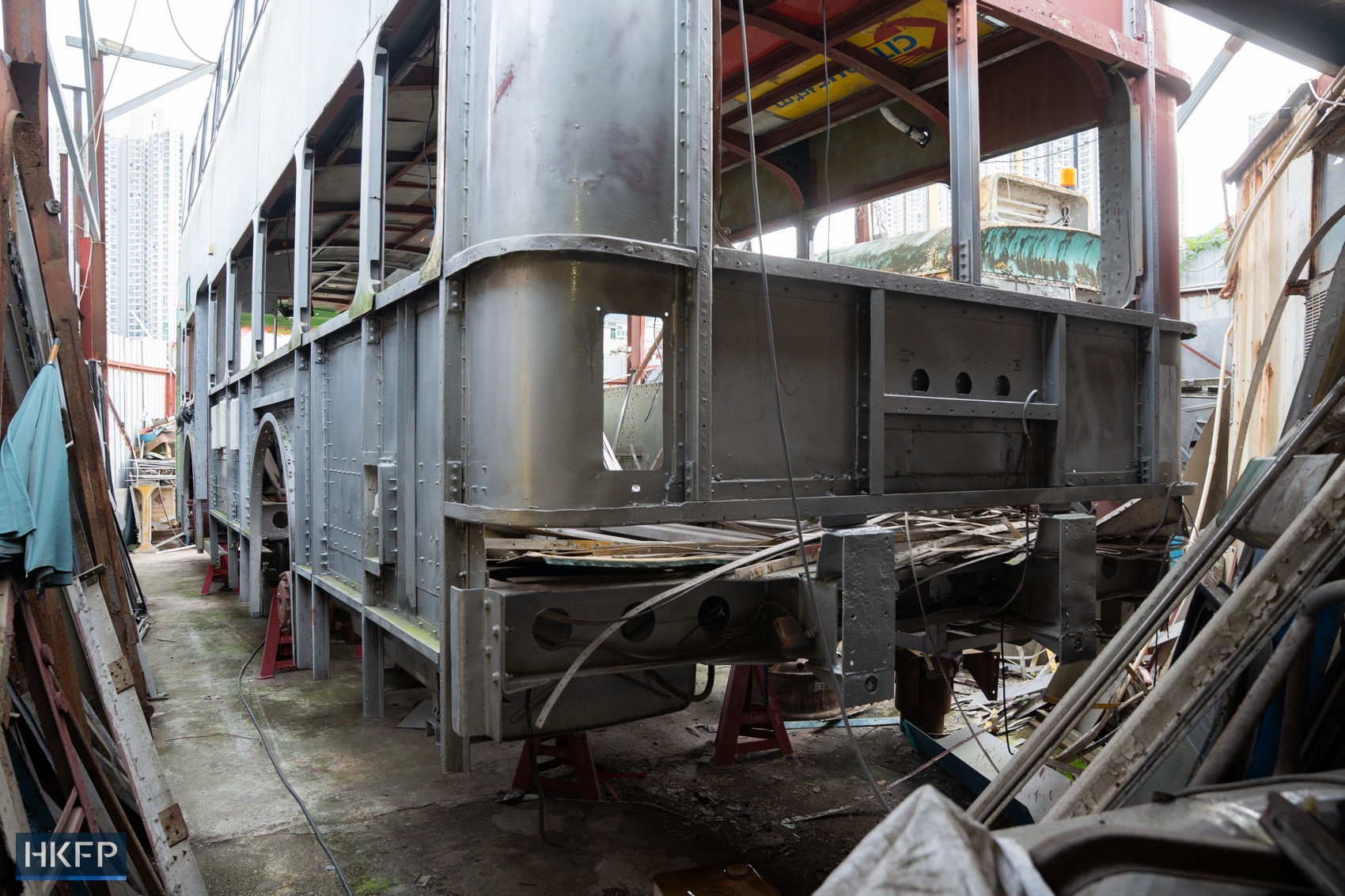 The exterior of a Leyland Victory Mark II double-decker bus currently undergoing restoration in Hong Kong on June 29, 2026. Photo: Kyle Lam/HKFP.