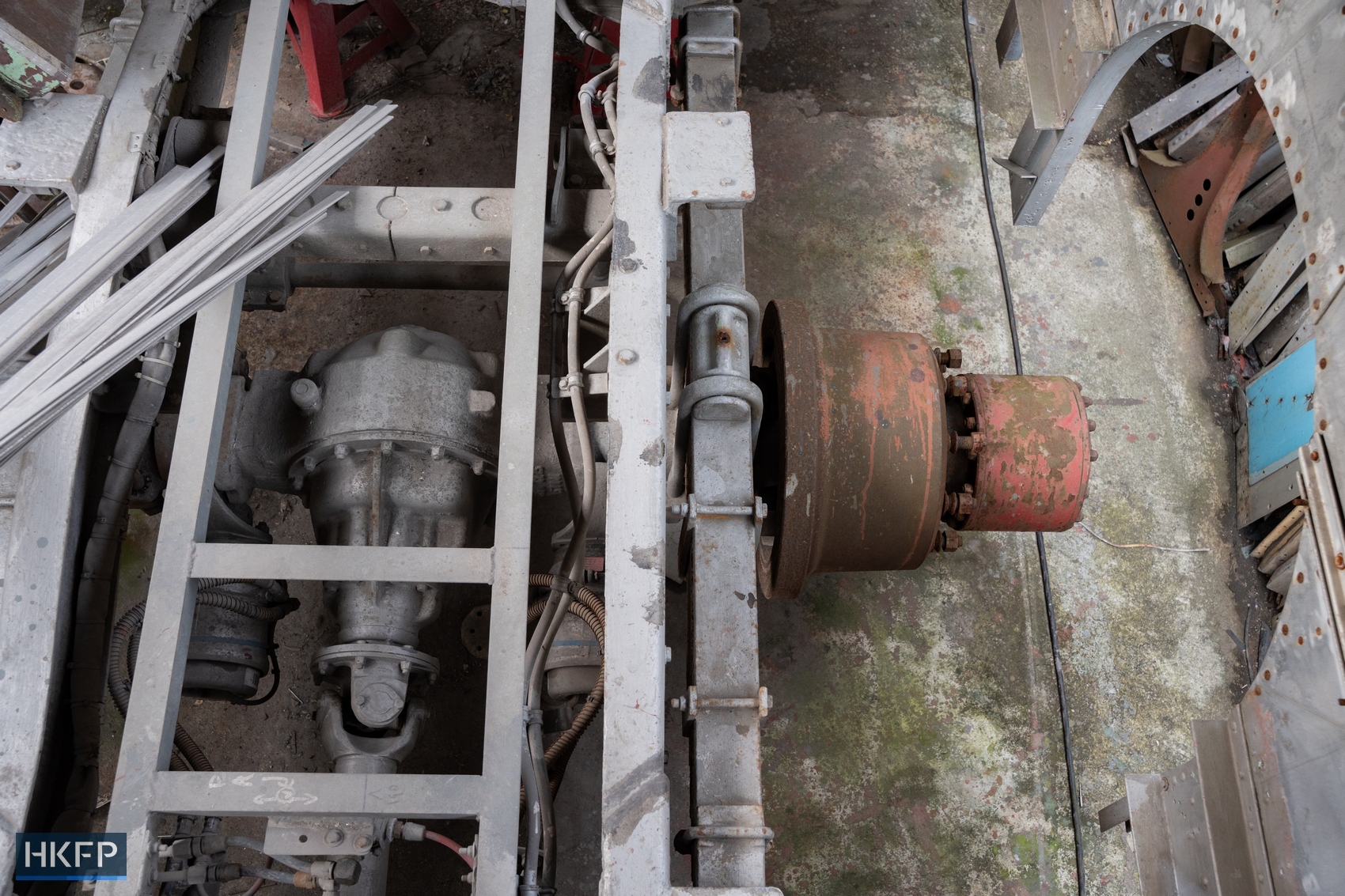 The interior of a Leyland Victory Mark II double-decker bus currently undergoing restoration in Hong Kong on June 29, 2026. Photo: Kyle Lam/HKFP.