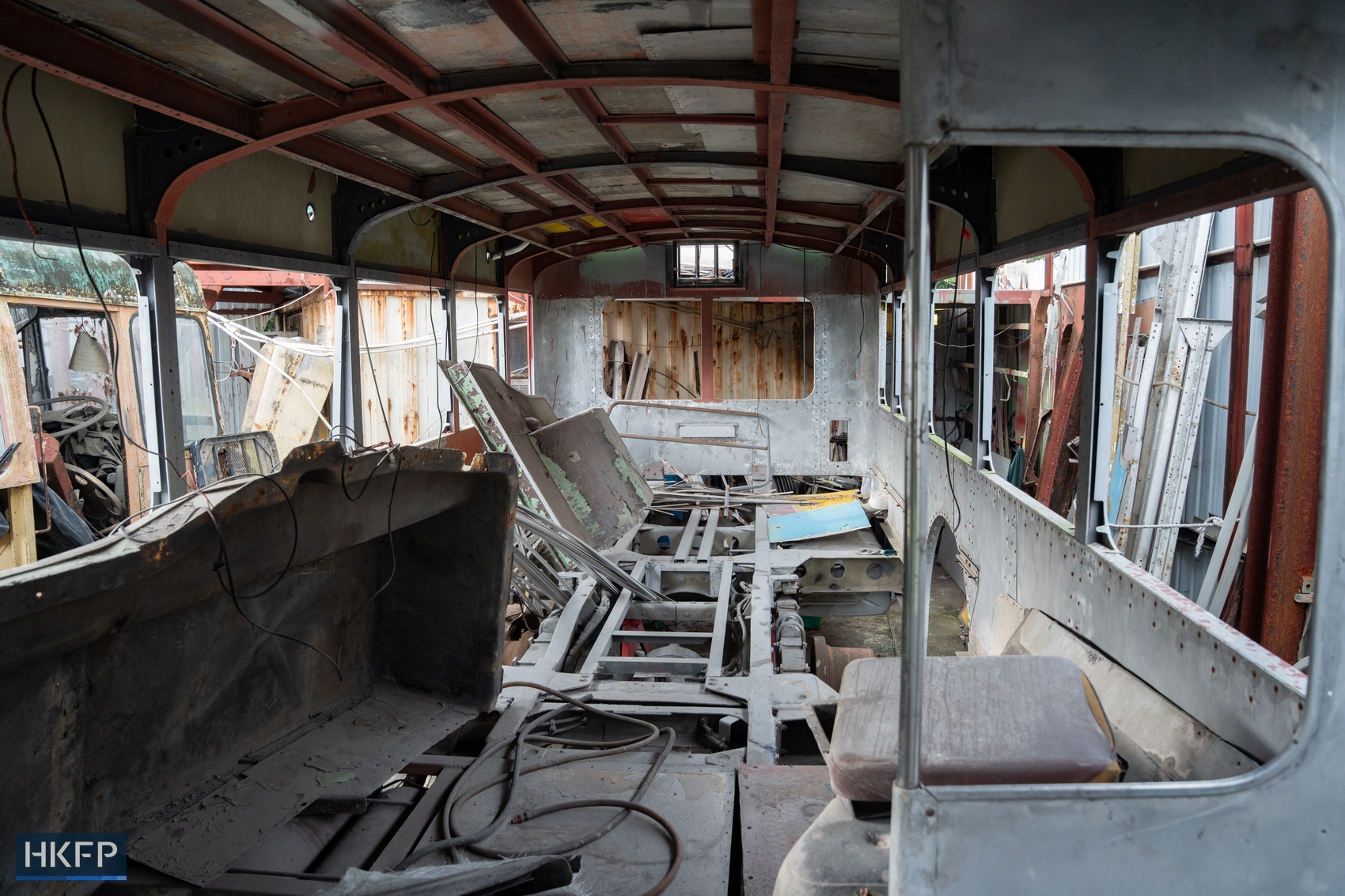 The interior of a Leyland Victory Mark II double-decker bus currently undergoing restoration in Hong Kong on June 29, 2026. Photo: Kyle Lam/HKFP.