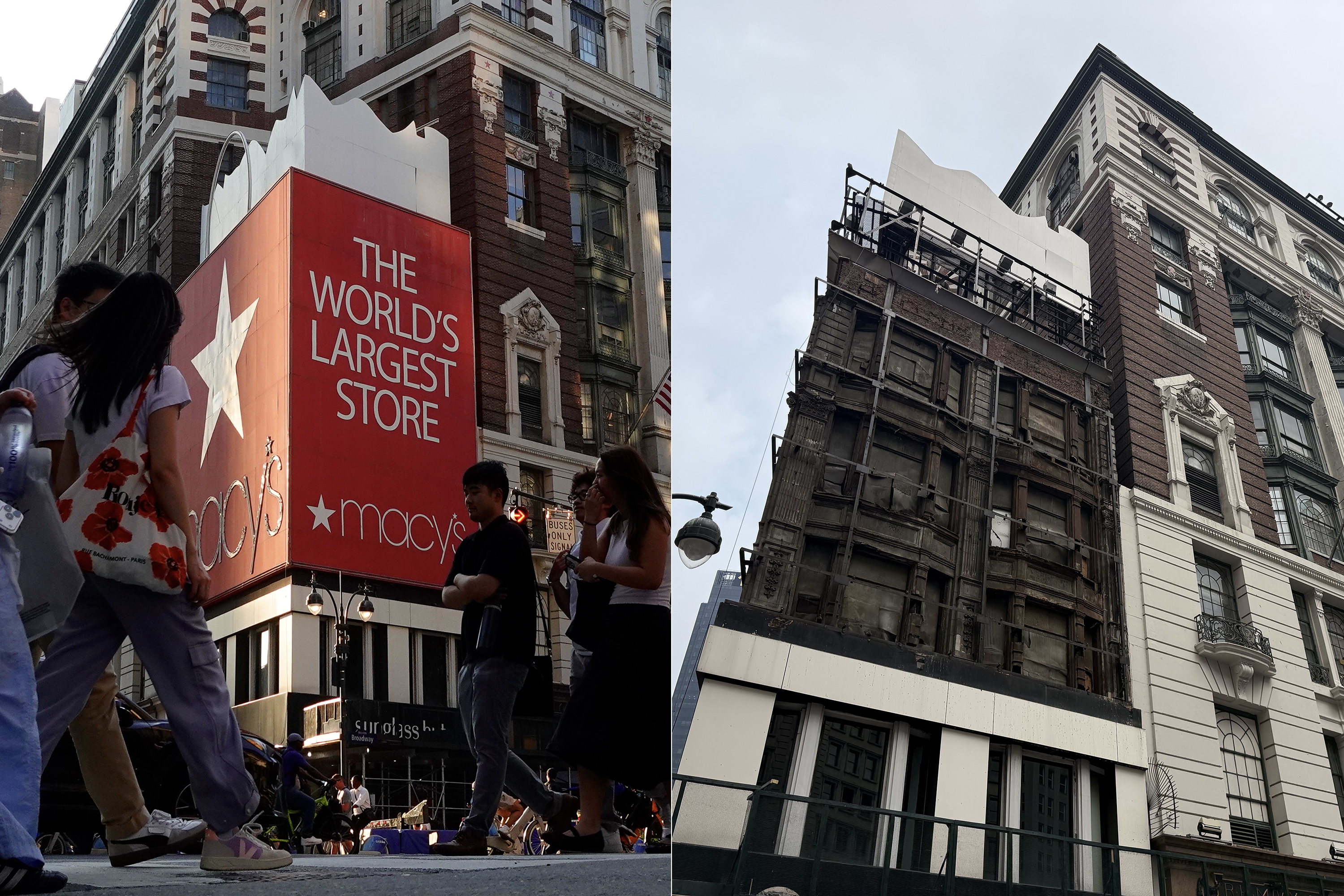 The Macy's building, with and without its iconic sign.