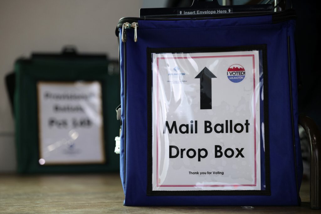 A mail ballot drop box is seen at a polling station on Nov. 4, 2025 in Arlington, Virginia. (Photo by Alex Wong/Getty Images)
