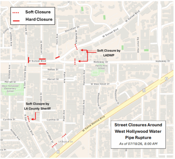 A map with red lines denoting road closures near Sunset Boulevard in West Hollywood.