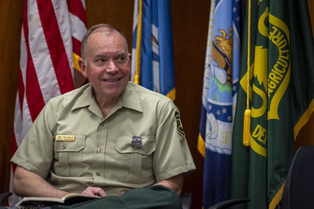 USDA Forest Service Chief Tom Schultz meets with employees of the Kisatchie National Forest in Louisiana on April 2, 2025. (Photo by Preston Keres/courtesy of USDA)