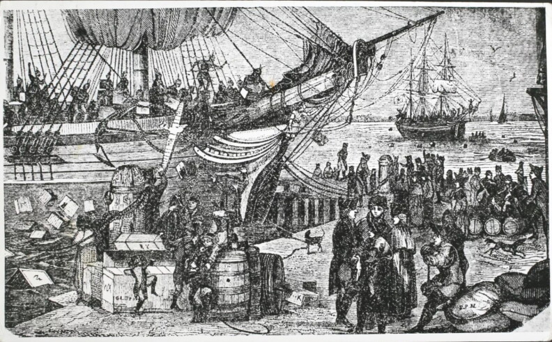 a black and white drawing of old-timey crowds standing on a dock by a large ship