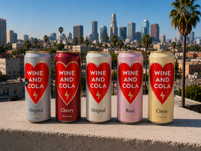 Five tall cans of Wine and Cola β Original, Diet, Cherry, RosΓ©, and Citrus β on a ledge with the downtown Los Angeles skyline behind them.