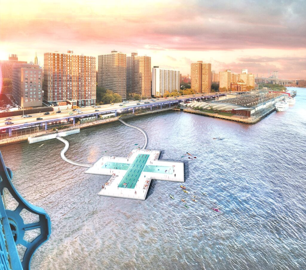 A rendering that shows at floating plus-sign-shaped pool in the East River.