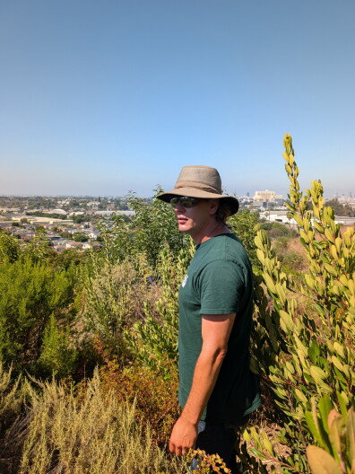 A man in a hat and sunglasses standing amidst a small forest of dense plants.