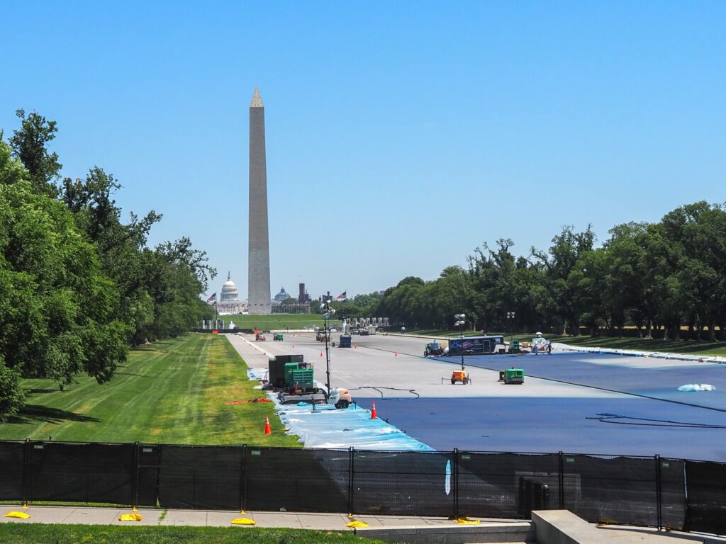 David Hearn, of Bethesda, Maryland, is charged with destruction of property of more than $1,000 for allegedly vandalizing the newly refinished Lincoln Memorial Reflecting Pool on June 19, 2026. Shown is construction at the Reflecting Pool in Washington, D.C., on May 5, 2026. (Photo by Ashley Murray/States Newsroom)