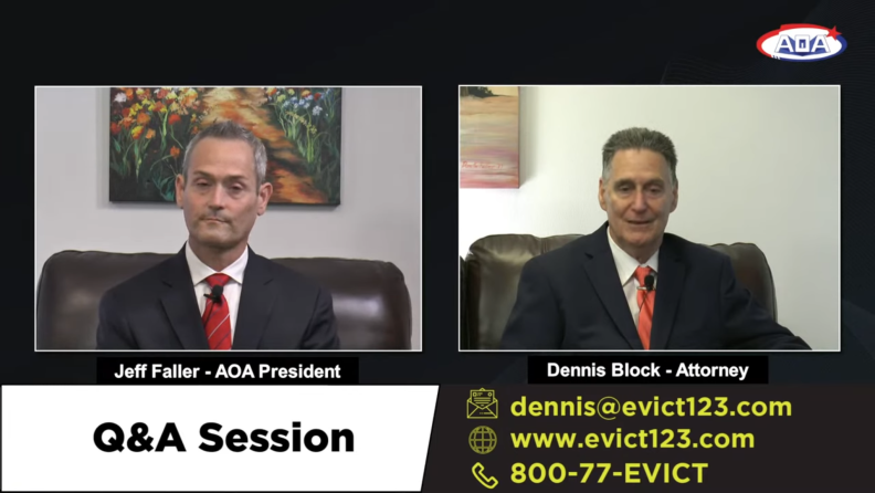 Two men with light-tone skin appear in side-by-side windows. Each wears a dark suit and red tie. The chyron at the bottom reads "Q&A session" and has contact info for the eviction attorney.