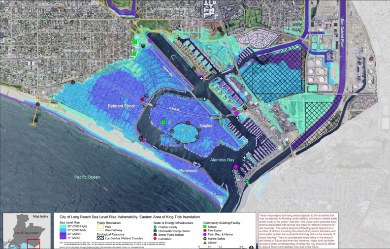 A map shows eastern part of Long Beach and sea level rise projections. 