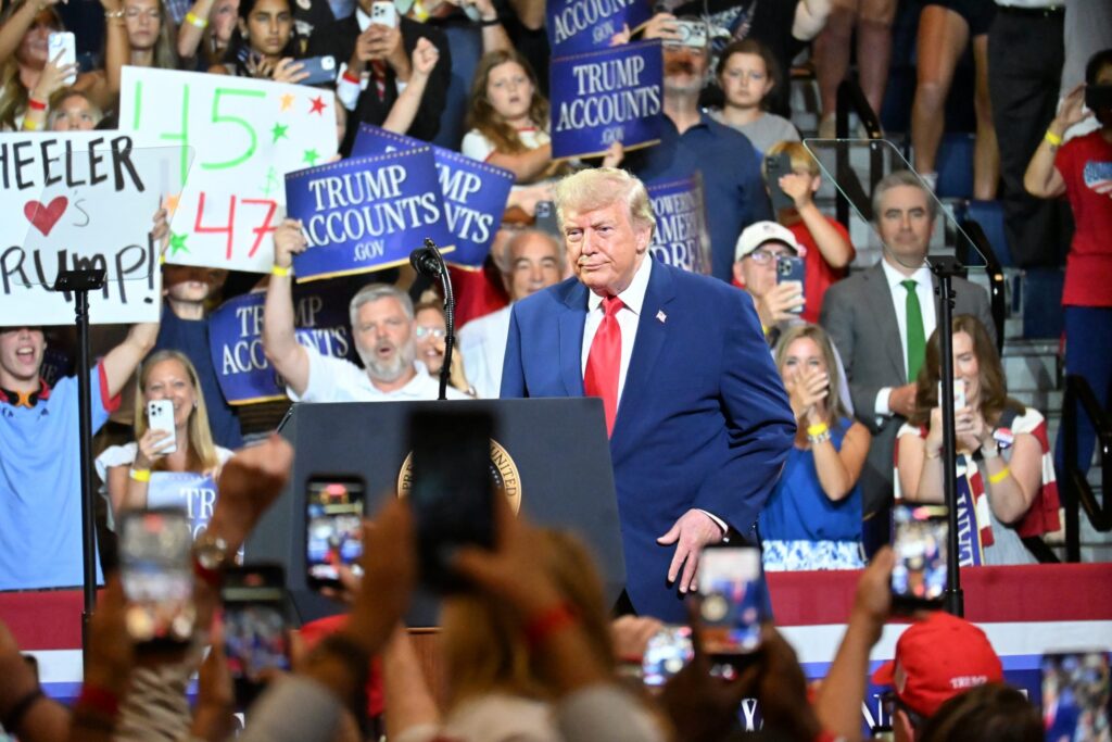 President Donald Trump imposed new import taxes on products from dozens of top U.S. trading partners on Friday, July 24, 2026. In this photo, Trump spoke before a friendly crowd at Wheeler High School near Marietta, Georgia, on July 22, 2026. (Photo by Ross Williams/Georgia Recorder)