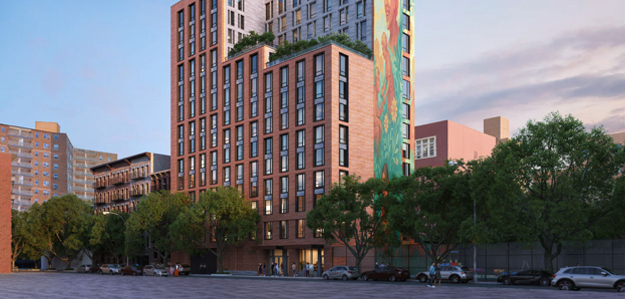 A rendering from the mayor's office shows the proposed mixed-use development that would replace the East Village parking lot with 131 affordable homes, a senior center and community space.