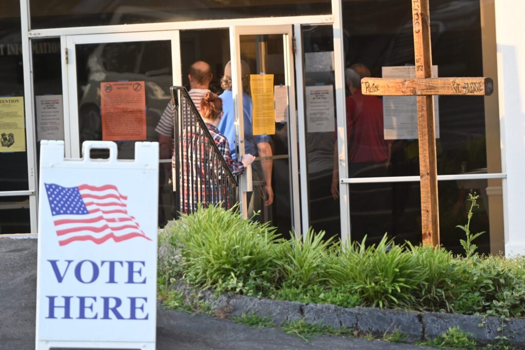 Voters line up outside Shiloh Hills Baptist Church in Kennesaw, Georgia, on Election Day, May 19, 2026. (Photo by Ross Williams/Georgia Recorder)