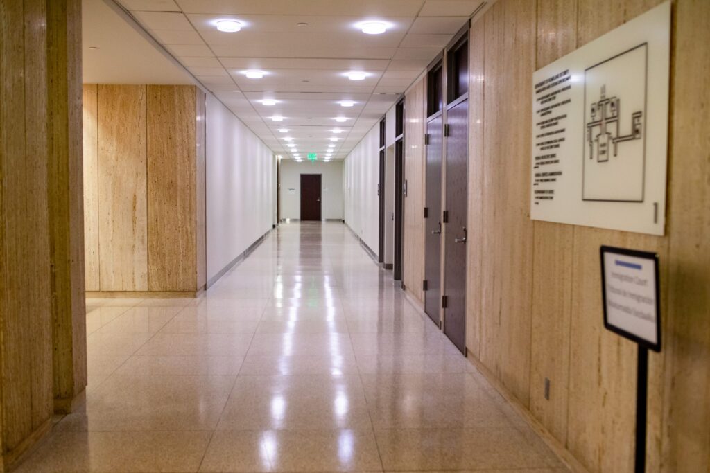 The hallway to immigration court in the Henry Whipple Federal Building in Minneapolis on April 9, 2026. (Photo by Nicole Neri/Minnesota Reformer)